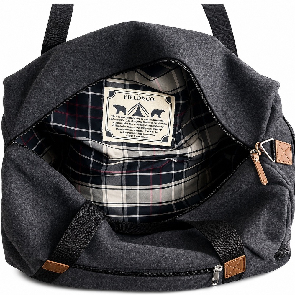 F&CO Charcoal Gray Wool Felt Duffel Bag Tan Leather Trim Weekend Travel Carry On - Picture 8 of 9